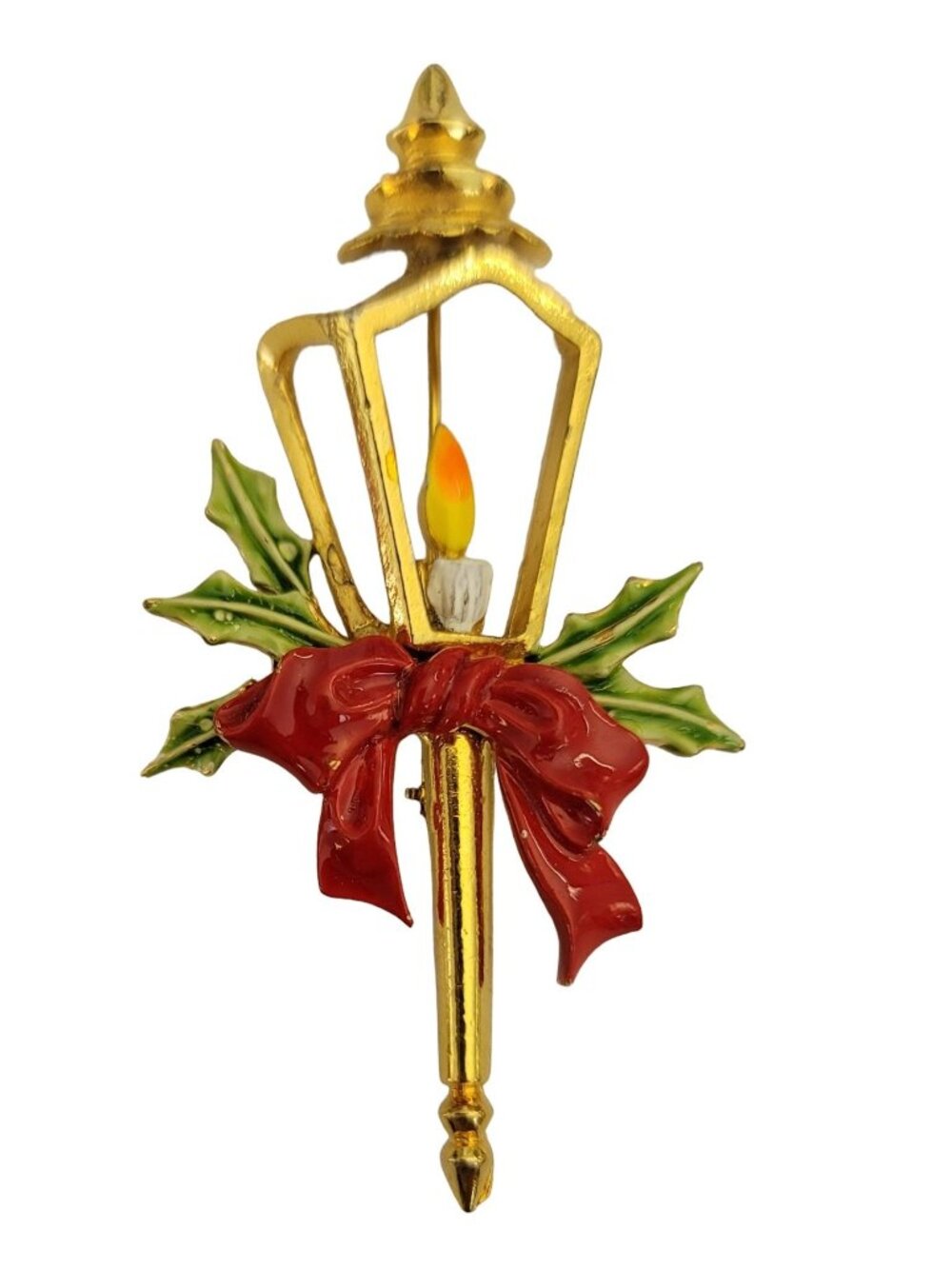 ART Arthur Pepper Gold Tone Enamel Christmas Candle Lamp Post Pin Brooch, M878